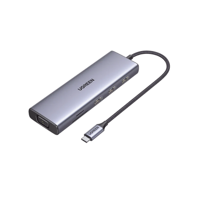 HUB USB-C (Docking Station) 9 en 1 /  3 USB-A 3.0 /  USB-C PD Carga 100W /  HDMI 4K@30Hz /  RJ45 (Gigabit Ethernet) /  VGA /  Lector Tarjetas SD + Micro SD (TF) (Uso Simultáneo). - TiendaClic.mx