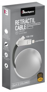 (CA-RETRACTIL)CABLE V8/ LIGHTNING PLATA 100 CM 2.1A BLACKPCS(CASMLPR-3) - TiendaClic.mx