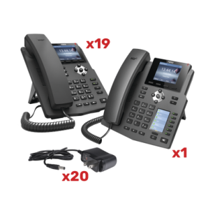 Kit de teléfonos con pantalla a color para empresa SMB,  incluye 19 teléfonos X3G (sencillo) + 1 teléfono X4 (recepción),  incluyen fuente de alimentación y son PoE - TiendaClic.mx