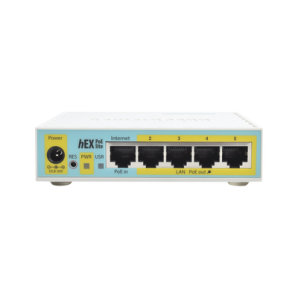(hEX PoE LITE) RouterBoard,  5 Puertos Fast Ethernet,  4 con PoE Pasivo,  1 Puerto USB - TiendaClic.mx