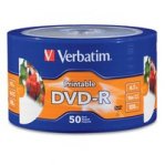 DVD-R VERBATIM 4.7 GB 16X BLANCO,IMPRIMIBLE C/INYEC.TINTA HASTA EL CENTRO TORRE C/50 PZAS - TiendaClic.mx